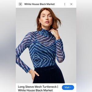 White House Black Market Sheer Fitted Blue Graphic Blouse